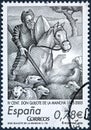 A stamp printed in Spain shows illustrating scene of Don Quixote