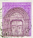 Stamp printed in the Spain shows Portal of St. Mary`s Church, Sanguesa, Navarre, Spain Royalty Free Stock Photo