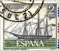 Stamp printed in spain shows steamship Isabel II