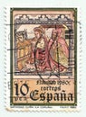 SPAIN, CIRCA 1.970. Stamp prnited in spain show prehistorical figueres painted in a rock of morella cave. CIRCA 1970