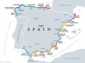 Spain, beaches and coastlines of the Spanish Riviera, political map