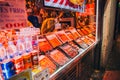 SPAIN - DECEMBER 12: Front window of a butcher shop with a variety of meat on display, DECEMBER 12, 2017 in Madrid, Spain