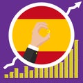 Spain economic growth graph on the background of the flag and hand with a eurocoin