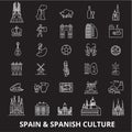 Spain editable line icons vector set on black background. Spain white outline illustrations, signs, symbols