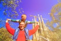 Spain family travel - happy father and son in front of Sagrada Familia, Barcelona
