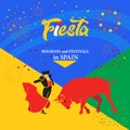 Spain fiestas Bullfighting abstract poster. 2024 Spanish San Fermin Festivals Bullfight Running bulls attraction sign Royalty Free Stock Photo