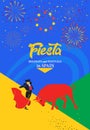 Spain fiestas Bullfighting abstract poster. 2024 Spanish San Fermin Festivals Bullfight Running bulls attraction sign Royalty Free Stock Photo