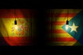 Spain flag and half catalan flag. Vote referendum for catalonia independence exit national crisis separatism risk concept Royalty Free Stock Photo