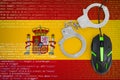 Spain flag and handcuffed computer mouse. Combating computer crime, hackers and piracy