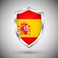 Spain flag on metal shiny shield vector illustration. Collection of flags on shield against white background. Abstract isolated ob Royalty Free Stock Photo