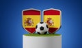 Spain flag soccer shield with football ball on a grass podium. 3D Rendering