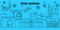 Spain, Granada winter holidays skyline. Merry Christmas, Happy New Year decorated banner with Santa Claus.Spain, Granada