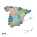 Spain higt detailed map with subdivisions. Administrative map of Spain with districts and cities name, colored by states and
