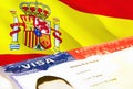 Spain immigration document close up. Passport visa on Spain flag. Spain visitor visa in passport,3D rendering. Spain multi Royalty Free Stock Photo