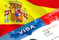 Spain immigration visa. Closeup Visa to Spain focusing on word VISA, 3D rendering. Travel or migration to Spain destination Royalty Free Stock Photo