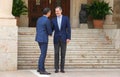 Spain King Felipe and Prime minister Pedro Sanchez shake hands before their traditional summer meeting