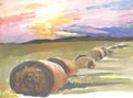 Spain. Landscape Summer in Spain. Field, haystacks, bright sky, mountains, evening. Landscape of Spain, painting on the wall, prin