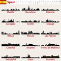 Spain largest cities skylines silhouettes vector set Royalty Free Stock Photo