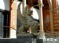 Spain, Madrid, El Retiro Park, Palacio de Velazquez (Velazquez Palace), winged lion at the entrance Royalty Free Stock Photo