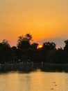 Beautiful sunset with golden sky in front of a lake in Madrid, Spain Royalty Free Stock Photo