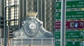 Spain, Madrid, Plaza del Emperador Carlos V, Atocha-Cercanias railway station, emblem with coats of arms and clock