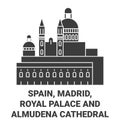 Spain, Madrid, Royal Palace And Almudena Cathedral travel landmark vector illustration