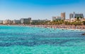 Spain Majorca, seaside beach coastline of tourist resort in Cala Millor Royalty Free Stock Photo