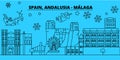 Spain, Malaga, Andalusia winter holidays skyline. Merry Christmas, Happy New Year decorated banner with Santa Claus.Flat