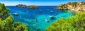 Spain Mallorca, beautiful panorama seascape, bay with boats at Santa Ponsa coast.