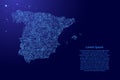 Spain map from blue isolines or level line geographic topographic map grid and glowing space stars. Vector illustration
