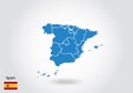 Spain map design with 3D style. Blue Spain map and National flag. Simple vector map with contour, shape, outline, on white Royalty Free Stock Photo