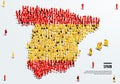 Spain Map and Flag. A large group of people in Spanish flag color form to create the map. Royalty Free Stock Photo