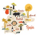 Spain map hand drawn with doodle elements. Tourist attractions, cultural landmarks, bullfightingbull, paella, traditional food, Royalty Free Stock Photo