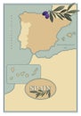 Spain map with olives, branches and olive leaves. Retro style.