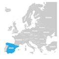 Spain marked by blue in grey political map of Europe. Vector illustration