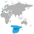 Spain marked by blue in grey World political map.