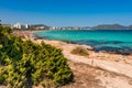 Seaside beach coastline of Cala Millor tourist resort on Majorca island, Spain Royalty Free Stock Photo