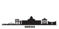 Spain, Merida city skyline isolated vector illustration. Spain, Merida travel black cityscape