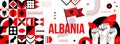 Map and flag of Albania national or independance day banner with raised hands or fists.