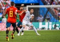 Spain national football team centre-back Gerard Pique against Russia striker Artem Dzyuba during FIFA World Cup 2018 Round of 16 Royalty Free Stock Photo