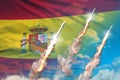 Spain nuclear missile launch - modern strategic nuclear rocket weapons concept on blue sky background, military industrial 3D