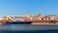 Spain; Oct 2020: Huge luxury yacht decked at a harbor, very close to the city centre. Recreational yacht belonging to a rich