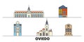 Spain, Oviedo flat landmarks vector illustration. Spain, Oviedo line city with famous travel sights, skyline, design.