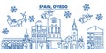 Spain, Oviedo winter city skyline. Merry Christmas, Happy