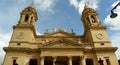 Spain, Pamplona, Calle Curia, Pamplona Cathedral, pediment and church tower Royalty Free Stock Photo