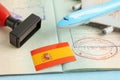 Spain passport with approved stamp on document for tourism Royalty Free Stock Photo