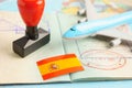 Spain passport with approved stamp on document for tourism Royalty Free Stock Photo