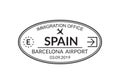 Spain passport stamp. Visa stamp for travel. Barcelona international airport grunge sign.