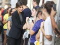 Spain Queen Letizia talks to villagers in the village of San Llorenc after floods killed many people vertical