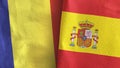 Spain and Romania two flags textile cloth 3D rendering